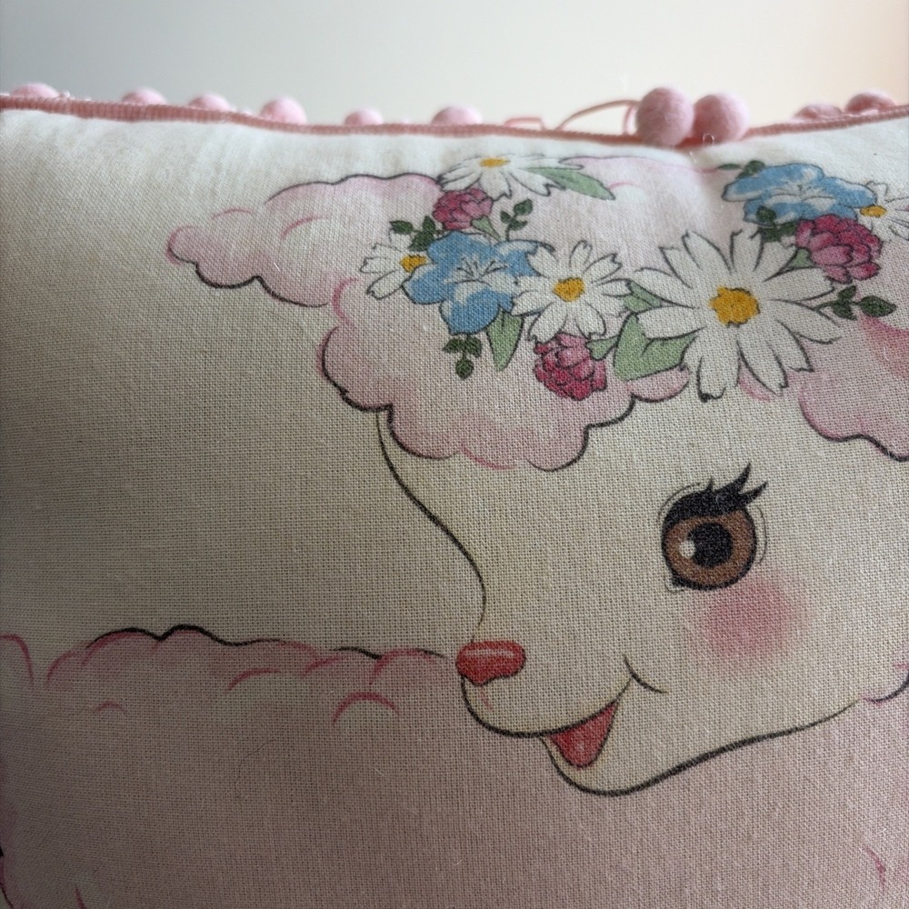 Vintage Inspired Kitschy Lamb Throw Pillow Pink Pom Pom Fringe Square Polka Dots - Picture 3 of 16